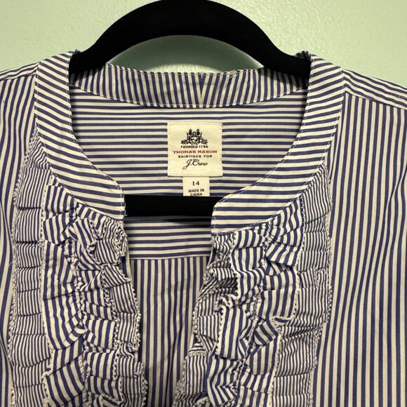 Thomas Mason® for J.Crew Ruffle-Front Top 💙 White & Blue – Size 14 – 0058 - Picture 6 of 7